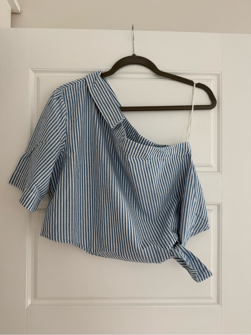 Zara Blue and White Striped One-Shoulder Tie-Waist Crop Top